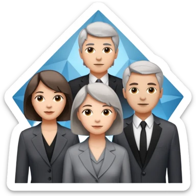 Three designers are standing in a triangular formation. The older woman with short hair is in the middle, and the other two, a young woman with medium-length hair and a man, are below her. sticker