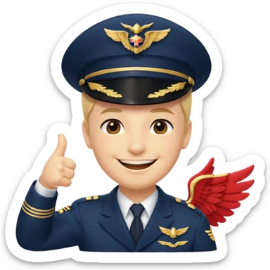 Slack-style emoji of a pilot wearing a slightly tilted navy captain hat with gold wings, giving a thumbs-up, big cheerful smile, eyes closed or happy squint sticker