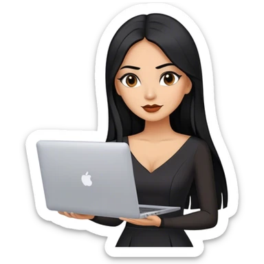 beautiful woman boss, with long straight black hair, with make up, black eye liner, little smile, mexican, brown skin, with laptop, wearing litlle black dress, she stand up sticker