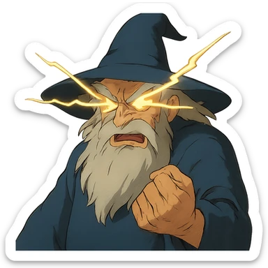 ghibli style angry wizard with lightning eyes and a balled up fist sticker