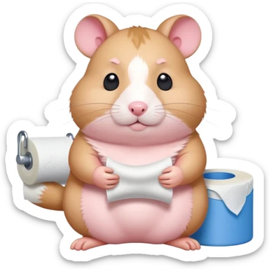 Cute chubby cartoon-style hamster sitting on toilet holding toilet paper looking as if he had an accident, sticker-style illustration sticker