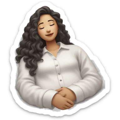 asian girl with curly long hair and white long sleeve shirt fall asleep on bed with one hand out sticker
