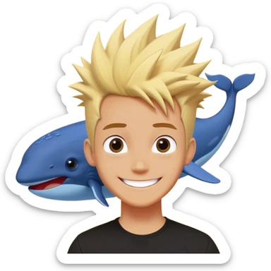 A cartoon-style drawing of a character with spiky blond hair, big eyes and a wide smile, wearing a black t-shirt with a red rectangle in the center, against a yellow background. Above the character's head is a large, fluffy blue whale, floating as if it is levitating or about to fall on him. The overall style of the image is colorful and fun, with clean lines and a touch of digital illustration. sticker