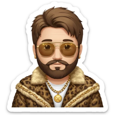 émoji blanc homme barbu, cheveux bruns collés au crane avec raie au milieu, grosses lunettes de soleil rectangulaires à grosse branches, gros bijoux en or (chaine, montre,) manteau de fourrure très fluffy sur les épaules sourire en coin, boucles d'oreilles sticker