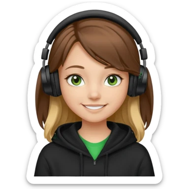 a girl with brown hair blonde ends green and wearing black headphones baggy hoddie she is happy  sticker