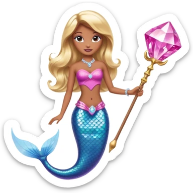 Brown skin blonde hair barbie mermaid with pink diamond tail and wand  sticker