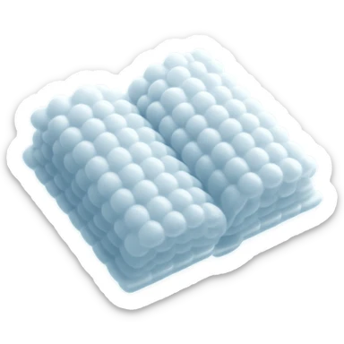 top view of a thick open book made entirely of small, very bright white fluffy convex clouds, matte glass style sticker