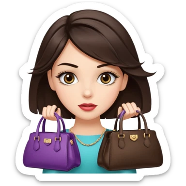 Glam brunette girl with eyelashes and fa looking left and right between two purses, playful puzzled expression — can’t decide between two options sticker