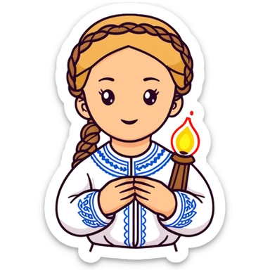 Young Ukrainian girl with braided hair in white traditional embroidered Ukrainian vyshyvanka shirt holding a small glowing light representing the soul sticker