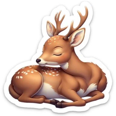 Meme-Worthy Cute Sleeping Deer Portrait Emoji, Head resting peacefully with a contented smile, showcasing a delicate, slender build and a luxuriously soft coat, eyes shut in a serene, restful nap, Simplified yet hilariously adorable features, highly detailed, glowing with a soft, drowsy light, high shine, relaxed and utterly lovable, stylized with an air of playful laziness, bright and heartwarming, soft glowing outline, capturing the essence of a comically sleepy deer, so meme-worthy it feels like it could instantly become the next viral sensation of adorable woodland slumber! sticker