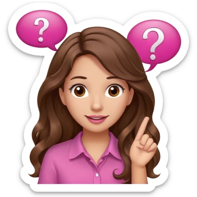 girl with long wavy brown hair, brown eyes, light to medium complexion, in a pink shirt, pink lips, long lashes, confused, question mark one speech bubble sticker