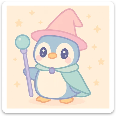 a penguin dressed as a wizard, with a pointy hat and a magic staff, in a fun and whimsical style sticker