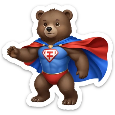 Medium-dark brown bear on four legs with Russian flag as a flowing cape, white, blue and red cloth draped over its back like a superhero cape sticker