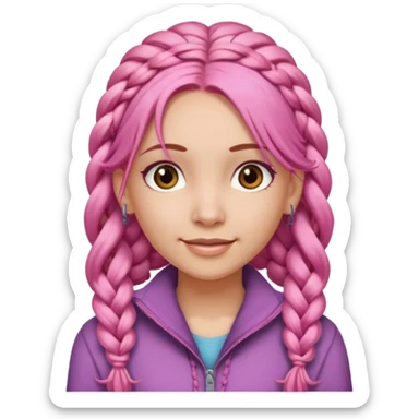 A light-skinned woman with long pink hair styled in braids, brown eyes, and a gentle smile. sticker