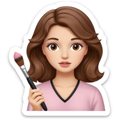 Chica blanca con el cabello de color castaño y ondulado, aplicándose rubor con una brocha de maquillaje en la mano sticker
