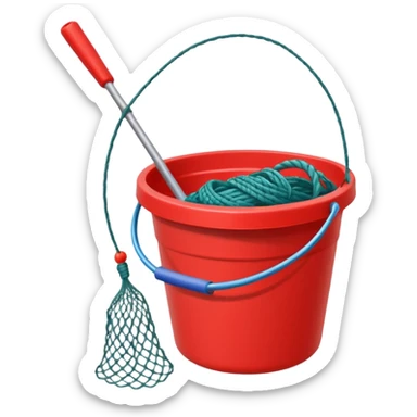A small red bucket with a fishing net leaning against it.
 sticker