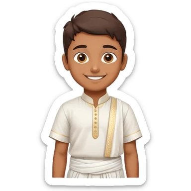 Samsung emoji-style cartoon of a Tamil boy in cultural dress: white dhoti, short-sleeved shirt, decorative angavastram, smiling sticker