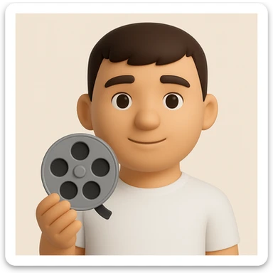 Create a 3D emoji style image of a person with a more ordinary, average face, wearing a white shirt and holding a cinema symbol such as a film reel or clapperboard. The style should resemble microsoft style 3d fluent emojis with a focus on the described features. sticker
