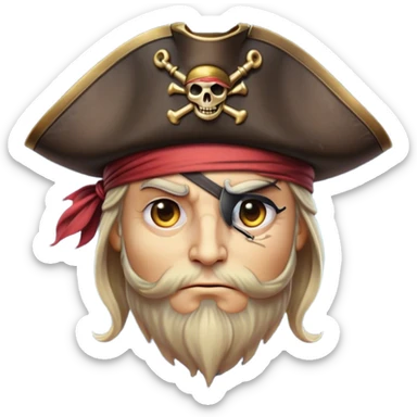 Clash of Clans aesthetic friendly Pirate Portrait Emoji, With a rugged yet stylized build featuring a weathered tricorn hat, a bold eye patch, and a determined, adventurous gaze, his face rendered in a natural skin tone (not yellow), Simplified yet sharply defined features, highly detailed, glowing with a cool, briny radiance, high shine, intelligent and daring, stylized with an air of swashbuckling nautical authority, focused and resolute, soft glowing outline, capturing the essence of a confident pirate ready to set sail on epic adventures! sticker
