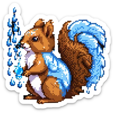 Pixel art squirrel with distinct brown fur, bushy tail, and obvious blue drool dripping from mouth in multiple pixel droplets sticker