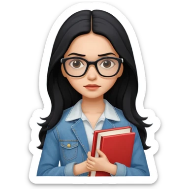 generate a pretty bratz emoji 
Make her wear a white dress with a denim jacket over it.long  black hair in a side part. Holding books

She should look exactly  like Deepika padukone! wearing tiny rectangular spectacle, looking sad sticker
