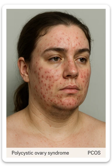 realistic 3D medical portrait of a woman with polycystic ovary syndrome (PCOS), evident acne and hair under chin, clinical style, anatomical details, aspect ratio 2:3 sticker