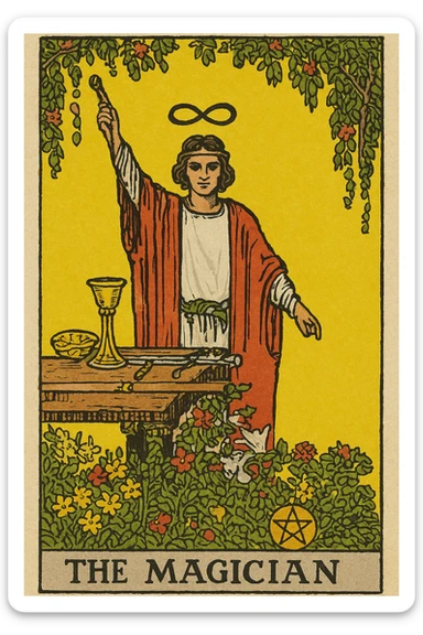 the magician tarot card, classic Rider-Waite style, magician in red and white robes, infinity symbol above head, table with tarot symbols sticker