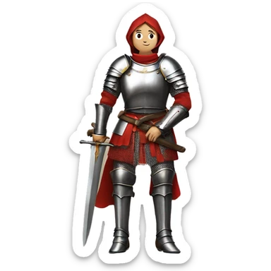 Joan of arc in medieval armor kneels, looking upward, with hands resting on a large sword. They're dressed in a red garment under the armor. sticker