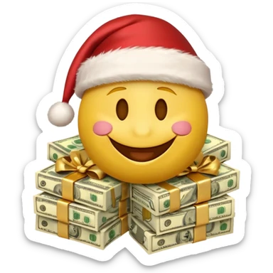 A festive 3D emoji style yellow smiley face wearing a Santa hat, surrounded by stacks of cash and dollar bills, joyful expression, Christmas and New Year theme, high quality, clean design, studio lighting, no text, no background, isolated object, transparent background, emojis.com style sticker
