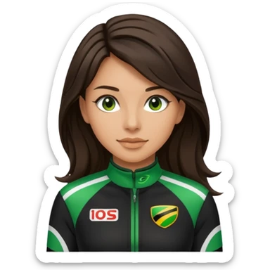 brunette long hair woman with black racing outfit with green strips sticker