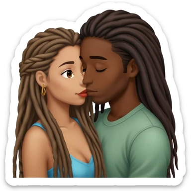 Latina Woman with long hair kissing a young black guy with dreads no beard sticker