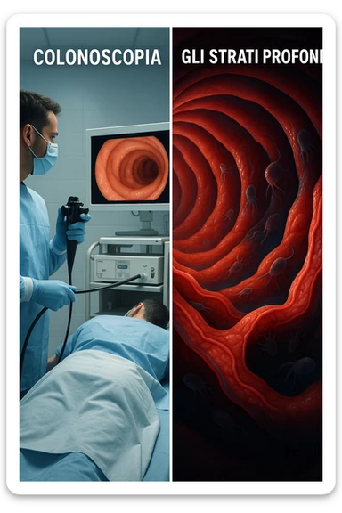 A split-screen medical illustration in cinematic style: on the left side, a doctor performing a colonoscopy on a patient in a sterile clinic, with the endoscopic camera displaying clean, healthy mucosal surfaces on a screen. On the right side, a symbolic cross-section of the same intestine — but shown in deeper layers beneath the surface, where parasitic organisms (small, translucent or shadowy figures) hide between folds and tissues not visible via standard scope. The contrast is clear: what is seen vs. what remains hidden. Lighting on the left is bright, sterile, clinical; lighting on the right is darker, with red and blue tones to suggest inflammation and invasion. Shot in hyper-realistic 3D medical style, educational but emotionally charged IN ITALIANO sticker