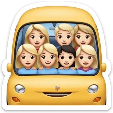a small car with large side windows, five people (mixed genders) smiling and sticking their heads out of the side windows, head sizes moderate, clearly showing five happy and cute faces, in apple standard emoji style sticker
