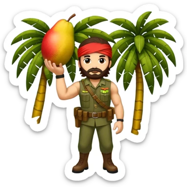 quiero que crees la imange de un Mango con Brazos fuertes y piernas como las de un culturista, que lleve uniforme militar de selva y que tenga pelo largo y una bandana roja en la cabeza como la de rambo y tambien que este en posicion de ataque con una ametralladora pixelart sticker