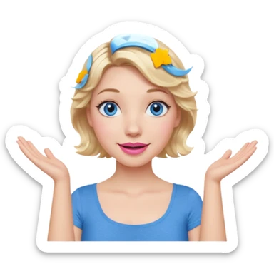 Girl Blonde short wavy hair,  blue eyes, cute blue top, long lashes, pink lips, smiling, shrugging hands raised sticker