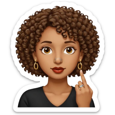 faça uma mulher com o cabelo curtinho cacheado com piercing no nariz e brincos e o dedo indicador no canto da boca morena, faça igual a segunda foto só que com o dedo na  boca mesmo  sticker