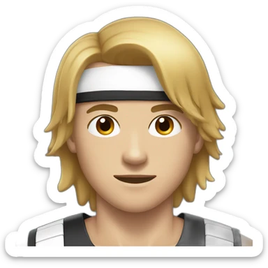 a 17-year-old boy with long, dark hair cut in a bob", with a black sports bandage on his forehead. Light mustache on his face  sticker