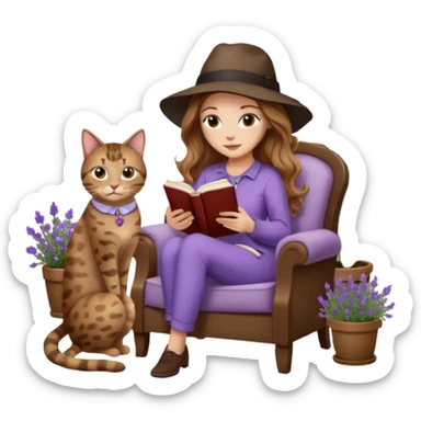 detailed emoji of a woman with long light brown wavy hair and light brown eyes reading a book, sitting on a comfortable reading chair, with a black cat and a brown spotted cat beside her, small table next to the chair with a coffee cup on it, in a garden filled with lavender flowers sticker