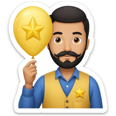 man with black bead and mustache holding star yellow balloon  sticker