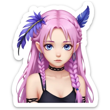 Gorgeous beautiful pretty grumpy anime lady long-pale-pastel-pink-hair with one braid on each side, hanging purple feather-ear-cuffs with pink tips in hair, black bodysuit, blue eyes, pink iris, ethereal, fashion aesthetic  sticker