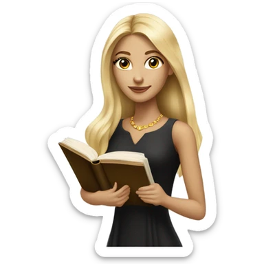 Beautiful skinny woman long blonde hair in dark dress with gold earrings with book  sticker