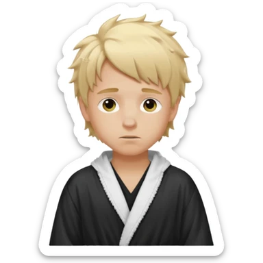 Create a blond boy with long, messy hair, light eyes, a white t-shirt, rich, with long hair, blue eyes, medium-length, voluminous hair, wearing a black Nike bathrobe and a little blush near his nose. sticker