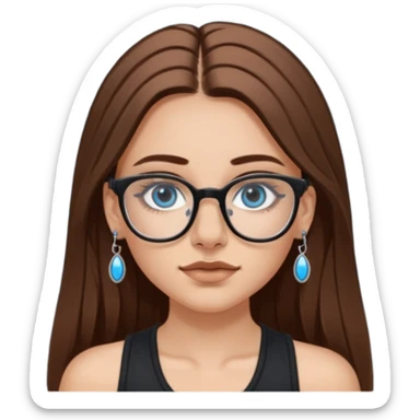 White girl with long brown hair, part going more to the RIGHT side, BLUE eyes, wearing BLACK rectangle plastic frame glasses. SEPTUM nose piercing hoop (at bottom of nose) AND stud nose piercing on right side of nose. Wearing BLACK tank top. No other jewelry sticker