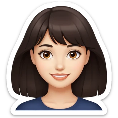 Attractive young woman with dark brown bangs and subtle makeup, confident smile sticker