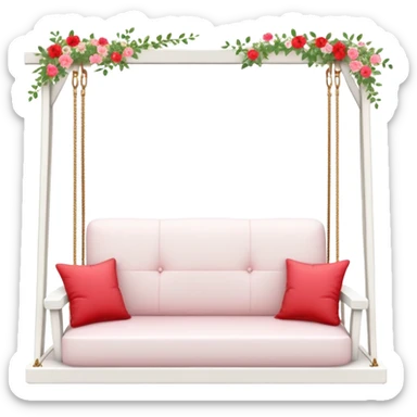 Romantic white wooden pastel-red cushions couch-swing with tiny flowers around sticker