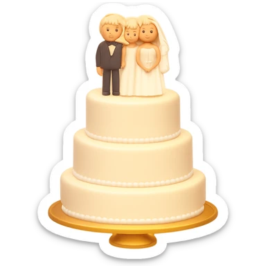 Add a soft glow effect to the white wedding cake with bride and groom toppers. Keep the background transparent. The style is emoji style with a soft glow effect. sticker