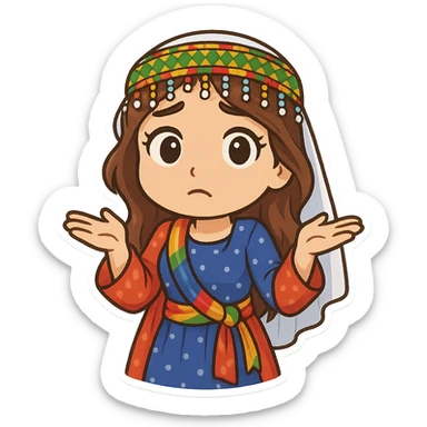 Create a colorful and cheerful cartoon sticker of a Kurdish woman wearing traditional Kurdish female clothing. The face should have an indifferent or 'I don't know' expression. Both hands are open and shoulders are exaggeratedly raised. The image should have no shadows or color halos around it, no text, and a completely transparent background. Suitable for WhatsApp and Instagram. sticker