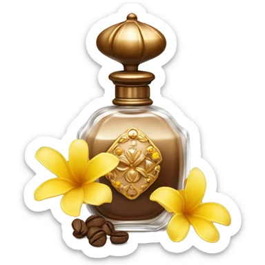 An antique perfume bottle with oil made of bronze and brown crystals, coconut, cream and coffee milk flow, yellow flowers of fragrant vanilla lie next to it sticker