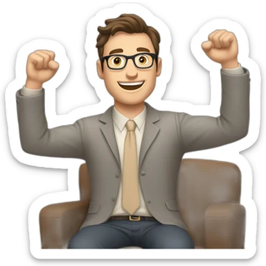 Joyful Celebrating victory Hands up Pale skinned Fit Man With dark brown hair in gray jacket, beige office shirt, Brown pants and vintage glasses sitting In a soft chair sticker