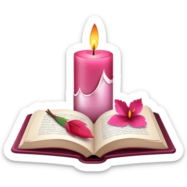 Aesthetic candle, quill dipped inside ink-glass, open book, flower petals sticker